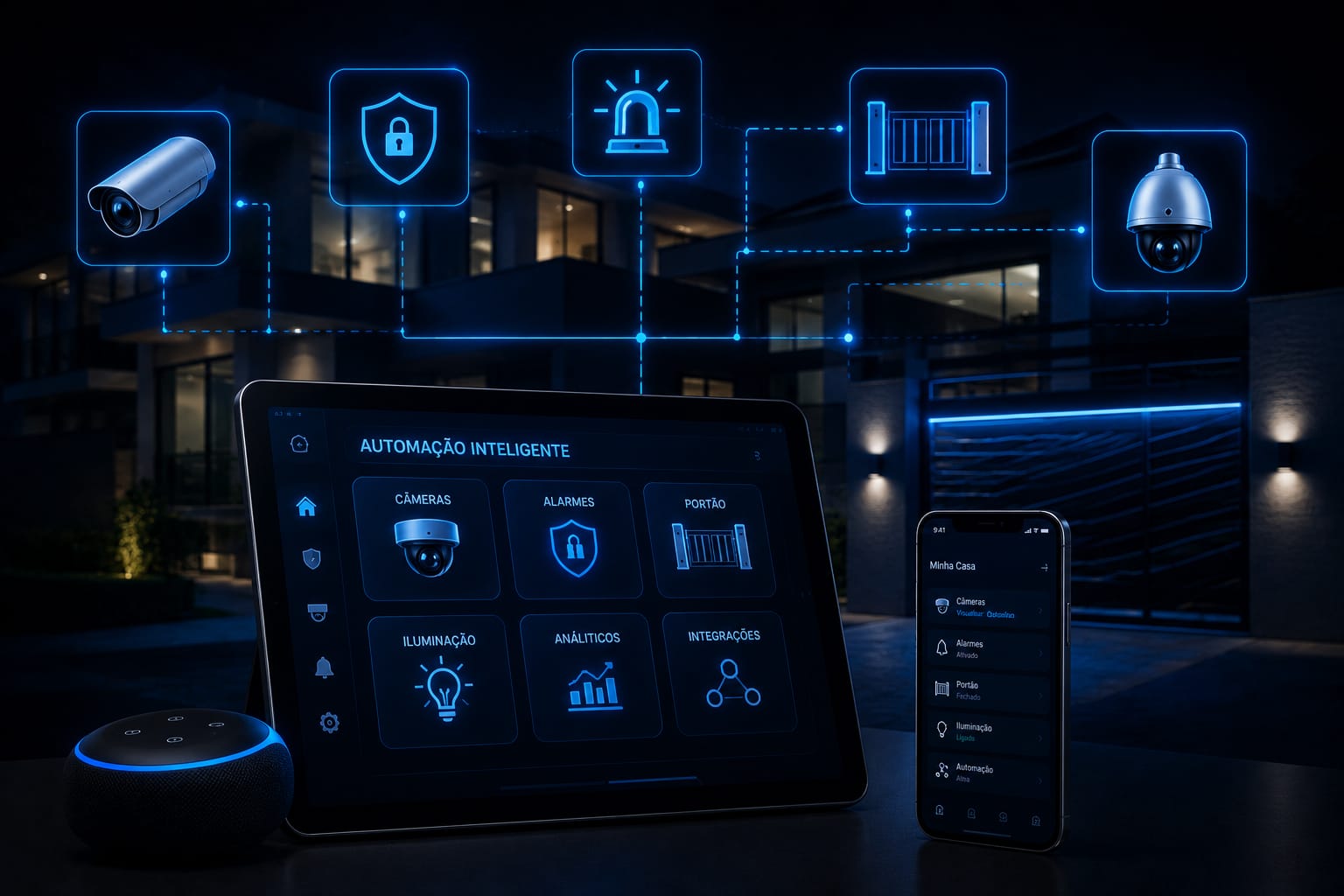 Automação inteligente com tablet, smartphone e ícones neon controlando câmeras, alarmes, portão e iluminação