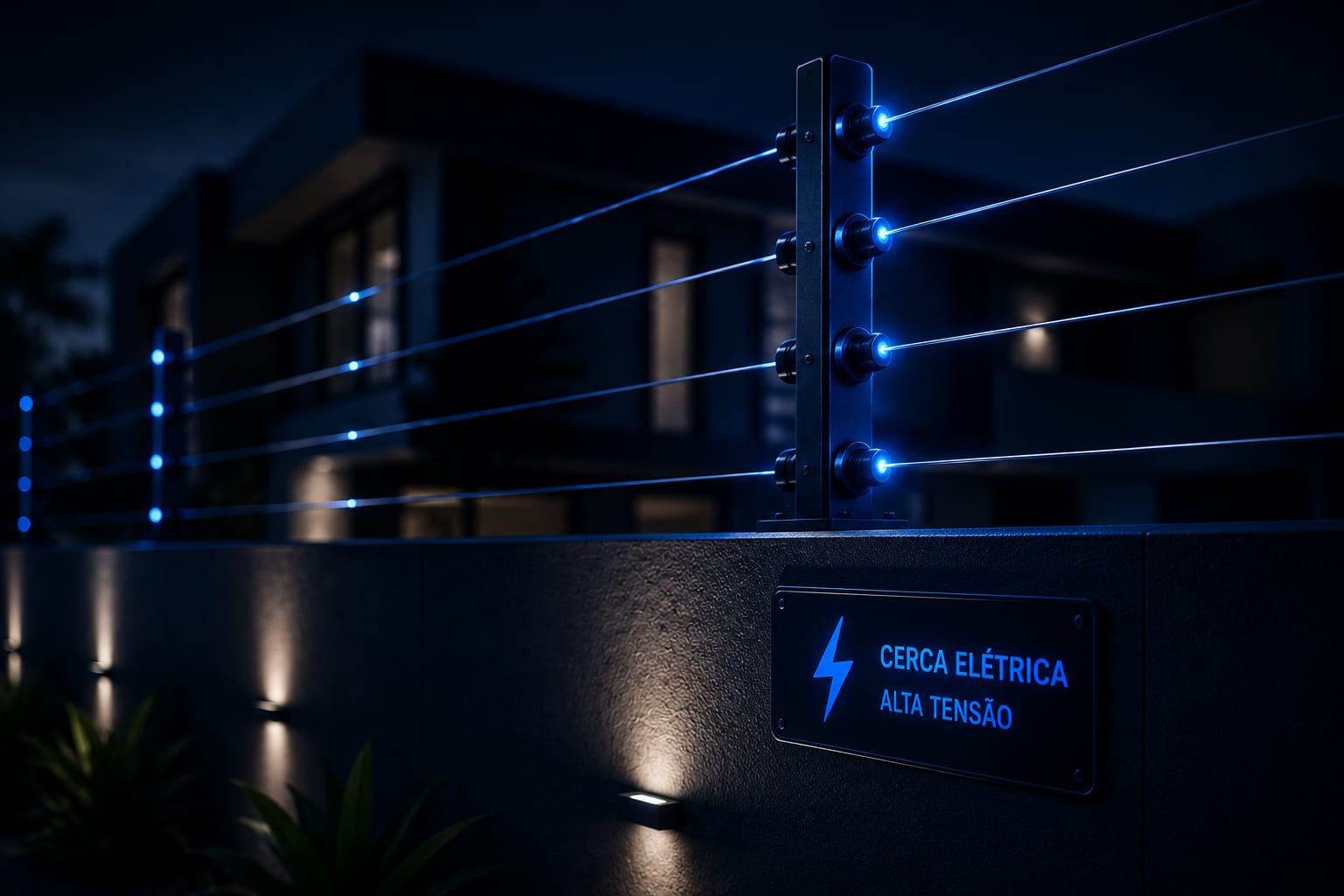 Cerca elétrica de alta tensão com hastes iluminadas em azul protegendo residência moderna à noite