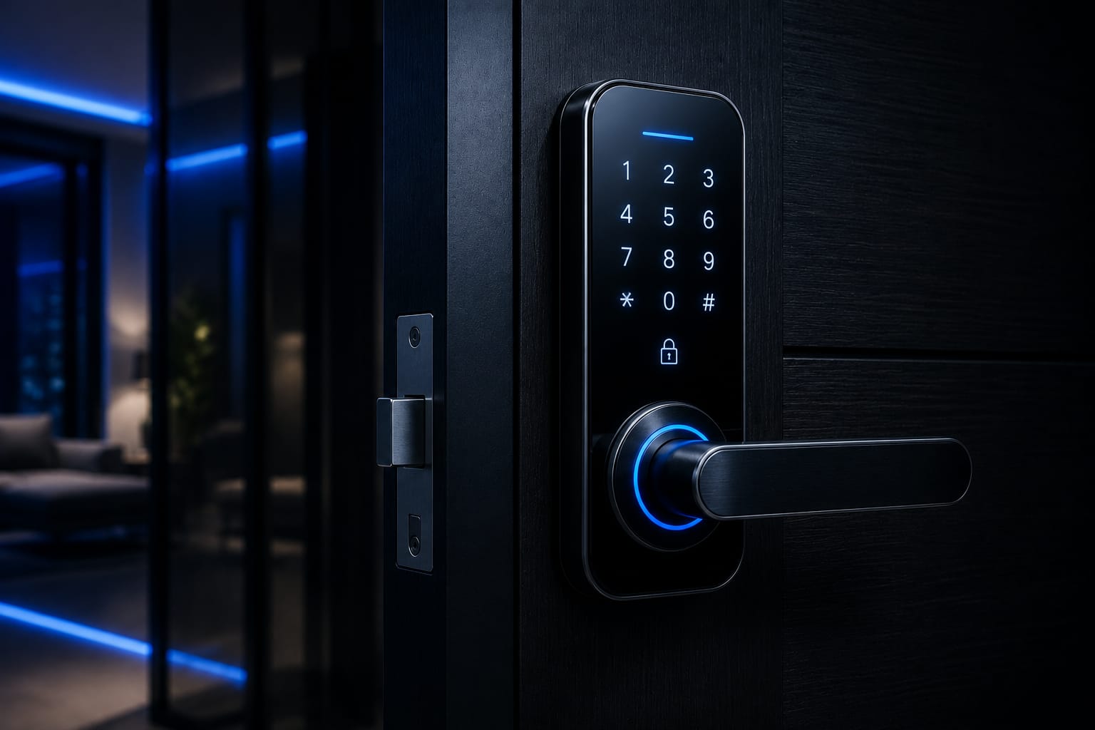 Fechadura digital moderna com teclado iluminado em azul neon instalada em porta de ambiente sofisticado