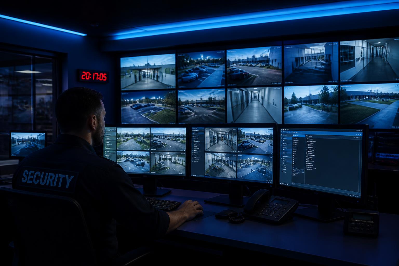 Central de monitoramento profissional com vários monitores exibindo câmeras de segurança