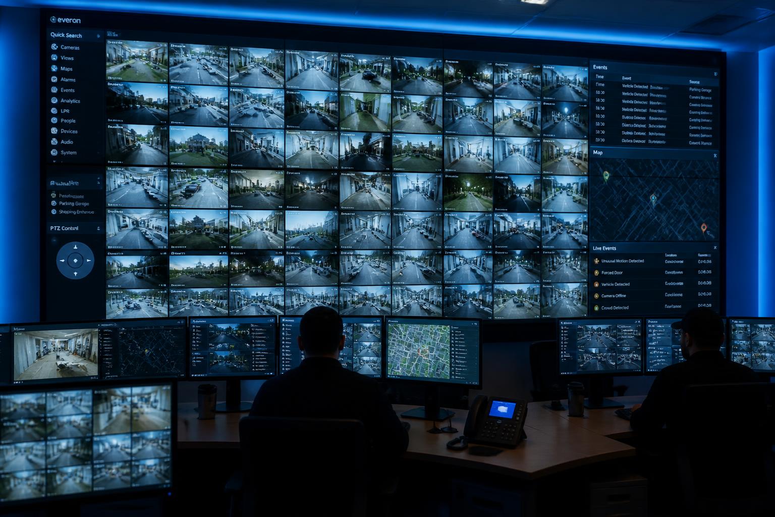 Parede de monitores exibindo dezenas de câmeras em software VMS de gerenciamento