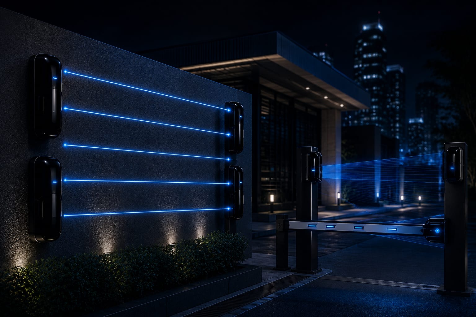 Sensores de barreira com feixes de luz azul neon protegendo o perímetro de edifício à noite